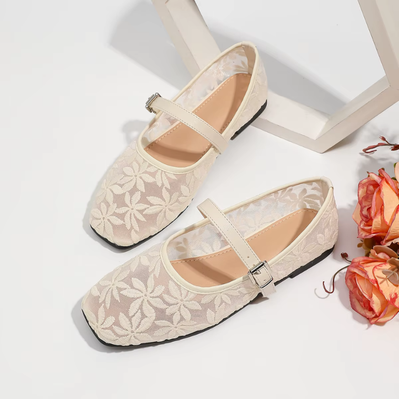 Square-Toe Ballerina Flats with Embroidered Flowers