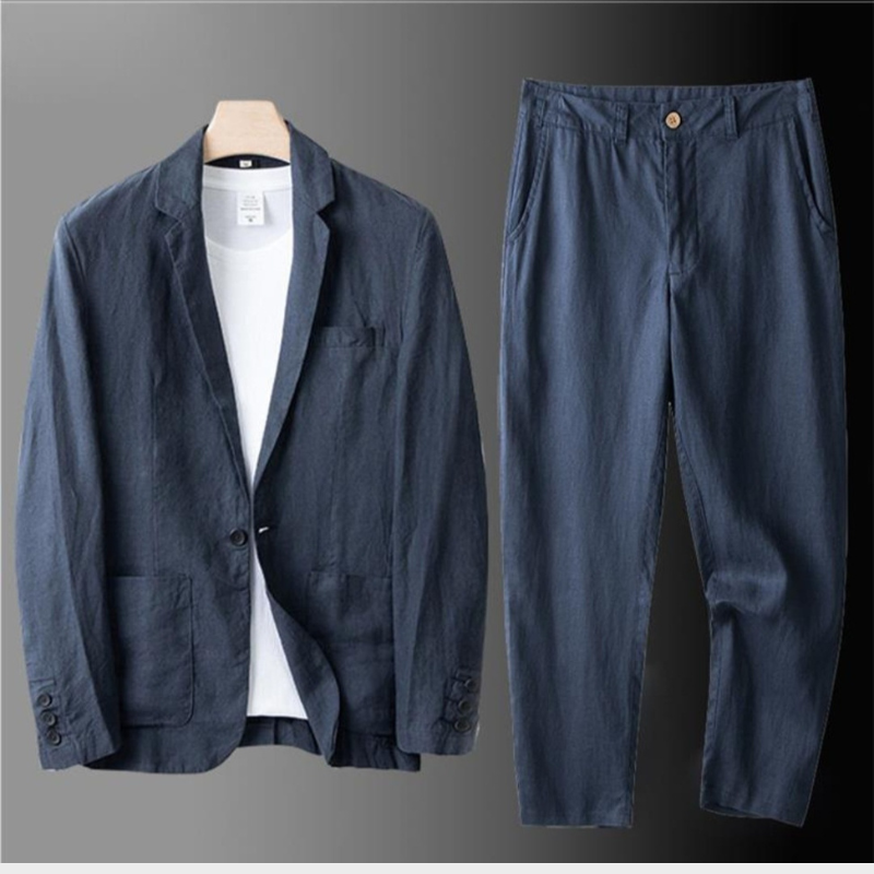 Men's Contemporary Linen Blazer and Wide Leg Pants Set
