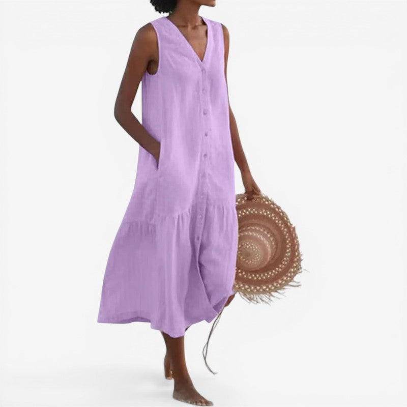 V-Neck Button Sleeveless Mini Dress