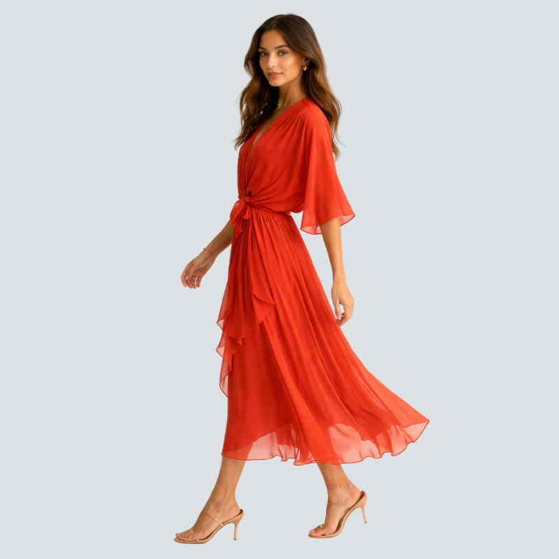 Elegant Midi Dress with V-Neck and Batwing Sleeves