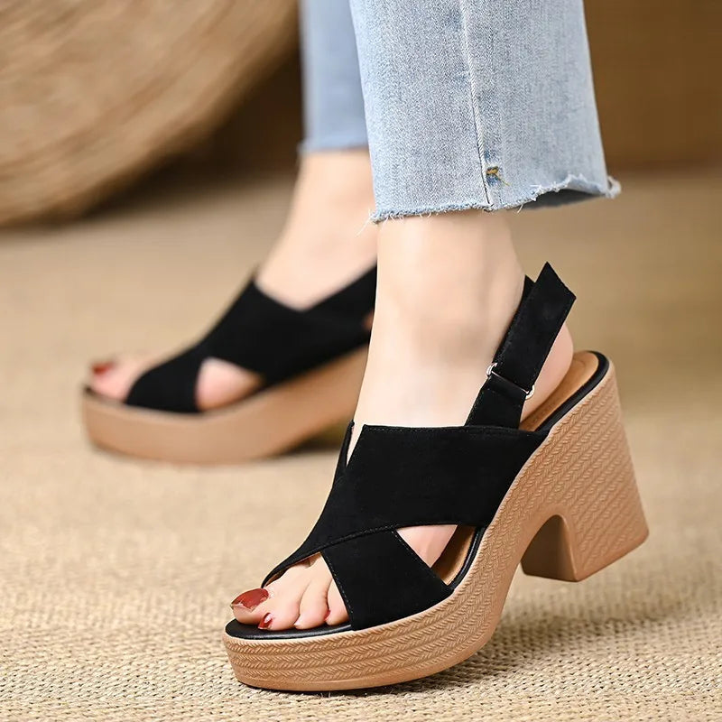 Block Heel Cross Strap Sandals