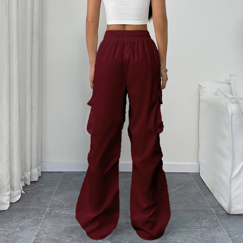 Women's Wide Leg Trousers with Elastic Drawstring Waist and Side Pockets