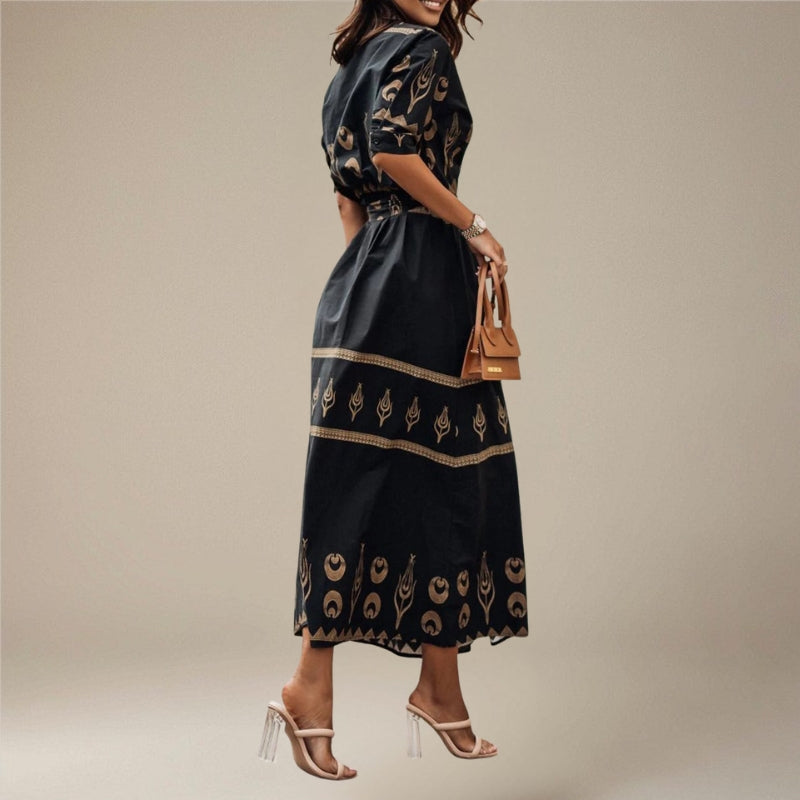 Women’s Long Sleeve Belted Printed Midi Dress