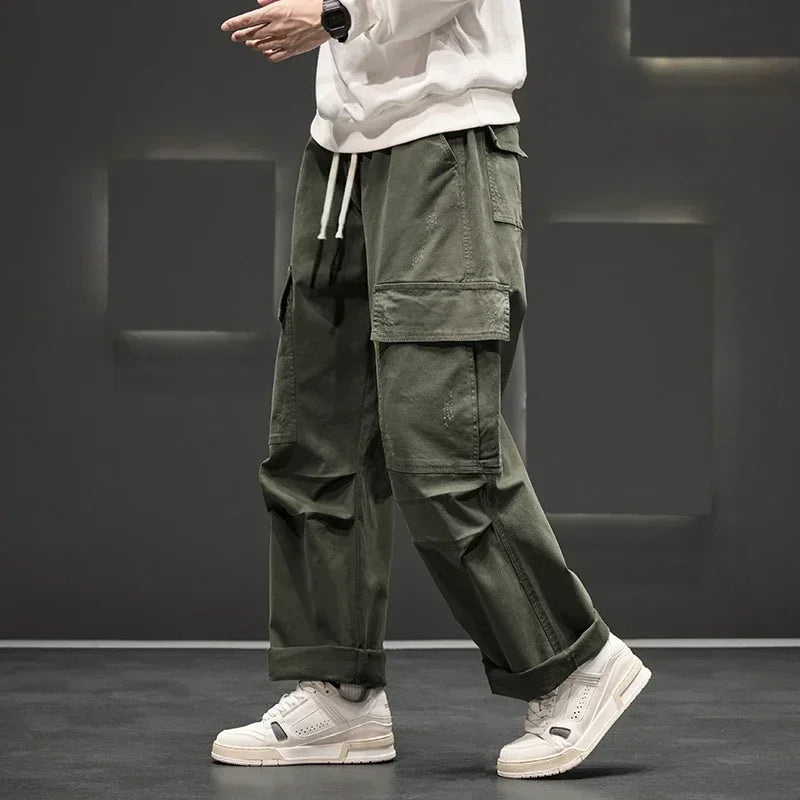 Men's Wide Leg Cargo Pants with Drawstring Waist and Pockets
