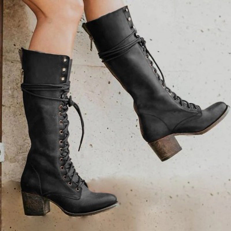 Women’s Knee-High Lace-Up Block Heel Boots