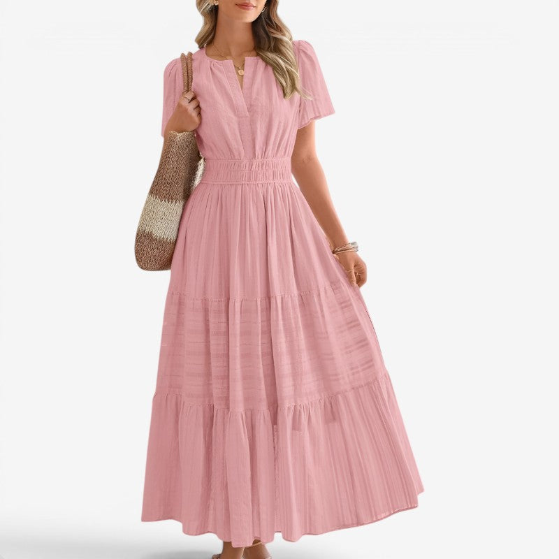 Women's Wrap Waist Midi Dress with Short Sleeves