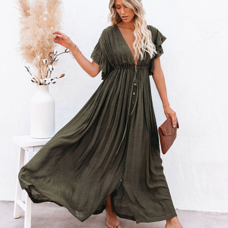 Women’s Flowy V-Neck Button-Front Maxi Dress
