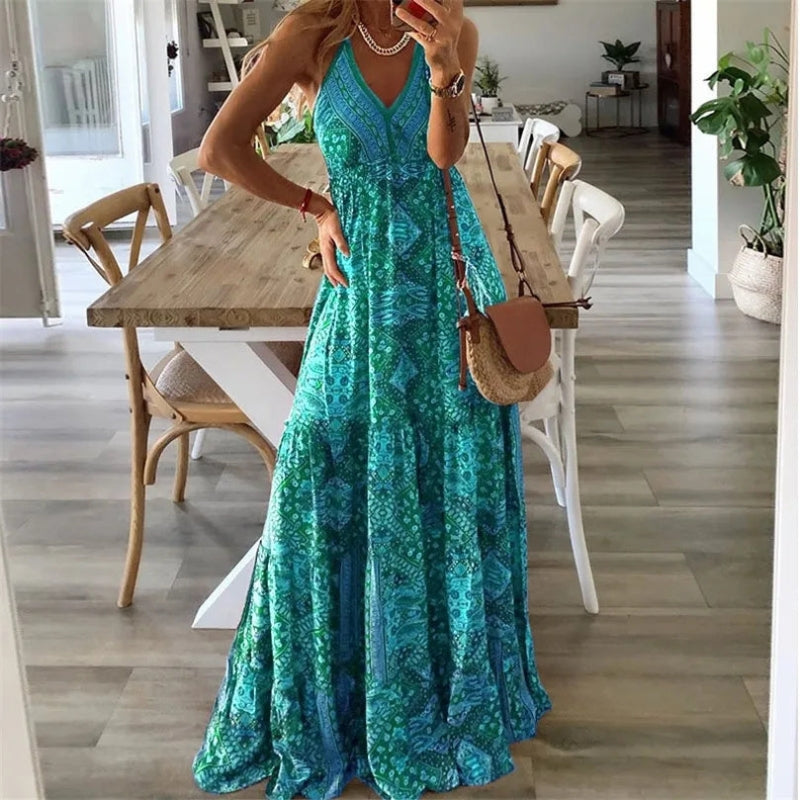 Women’s Long Draped V-Neck High Waist Dress