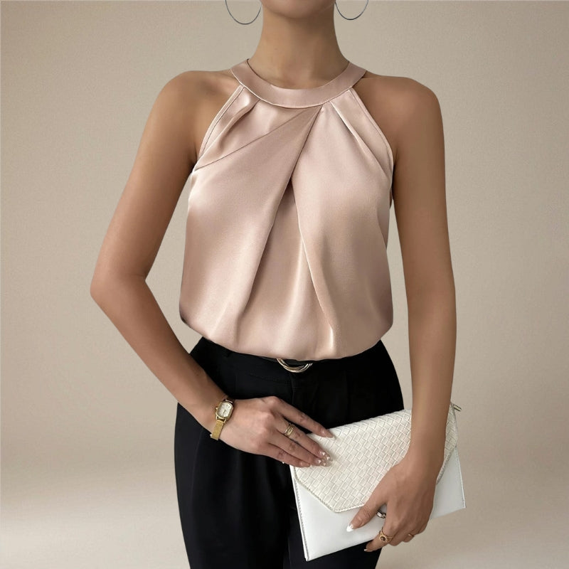 Women's Sleeveless Satin Draped Pleated Blouse