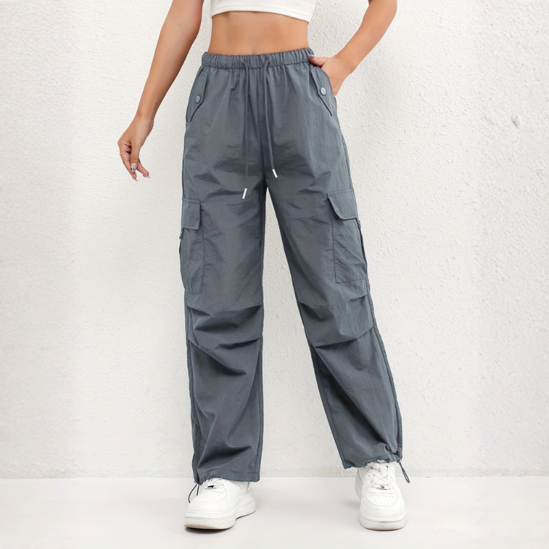 Women's Wide Leg Trousers with Drawstring Waist and Multiple Pockets