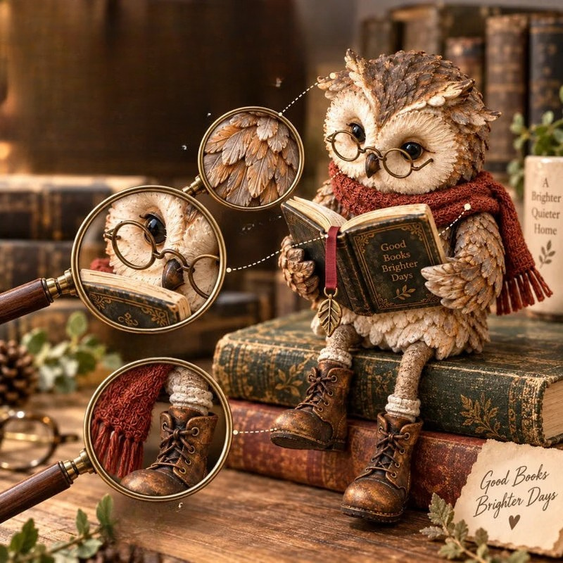 Owlfolio - Bagoly figura könyvvel lakásdekorációhoz