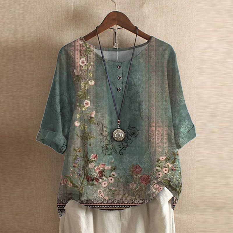 Oversized Floral Print Blouse with O Neck