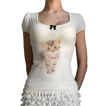 PuffMeow Puff Sleeve Cat Print Top with Bow Detail