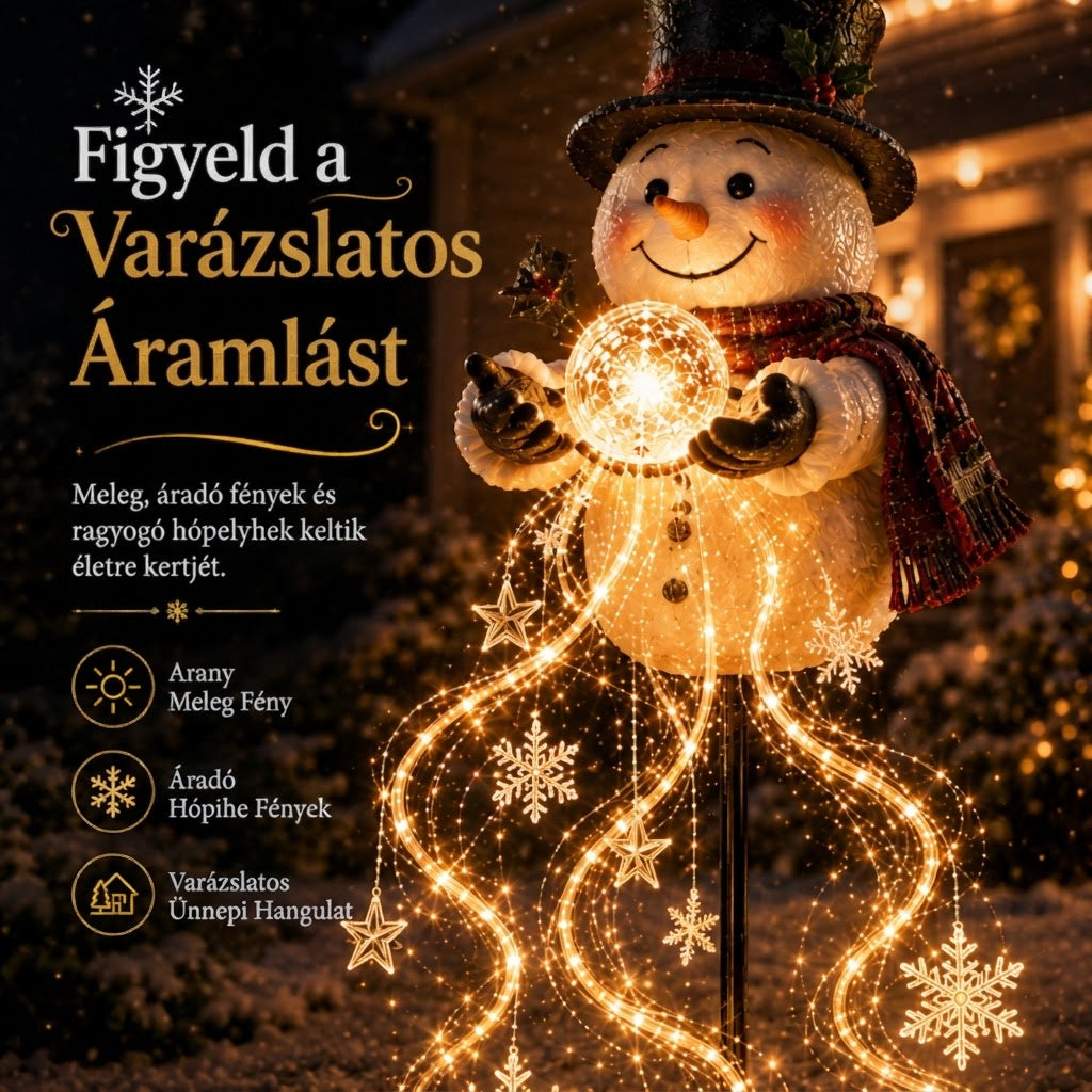 SnowfallGlow - Napelemes hóember kerti lámpa zuhatag hatással