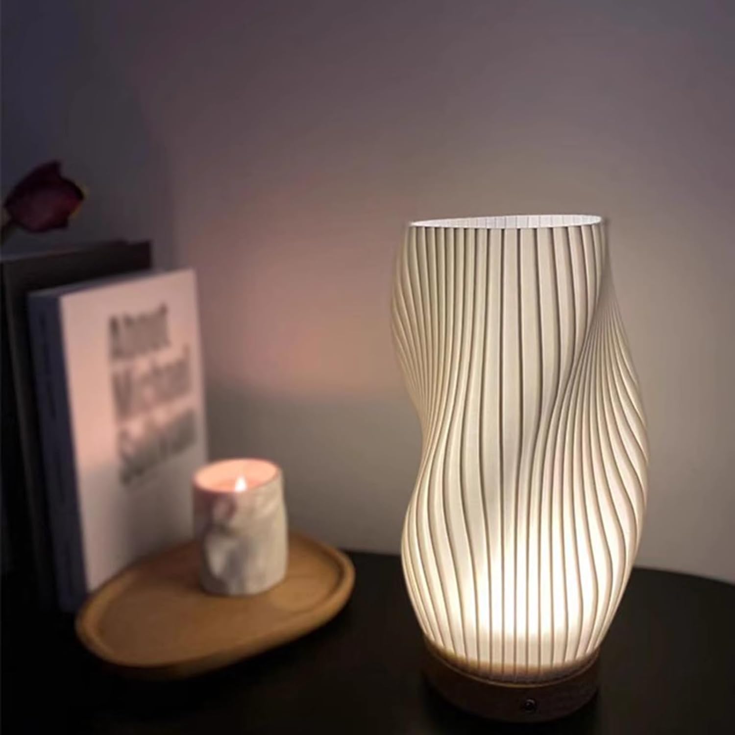 WaveLume - Pleated Table Lamp Sculptural Wavy Shade with Modern Statement Style | Soft Warm Ambient Glow with Lightweight Durable Build | Elegant Accent for Bedside, Desk or Shelves