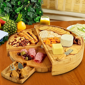 MultiCompartment - Multi-Compartment Bamboo Cheese Board with Built-In Cutlery Stylish Cheese Serving with Organized Compartments