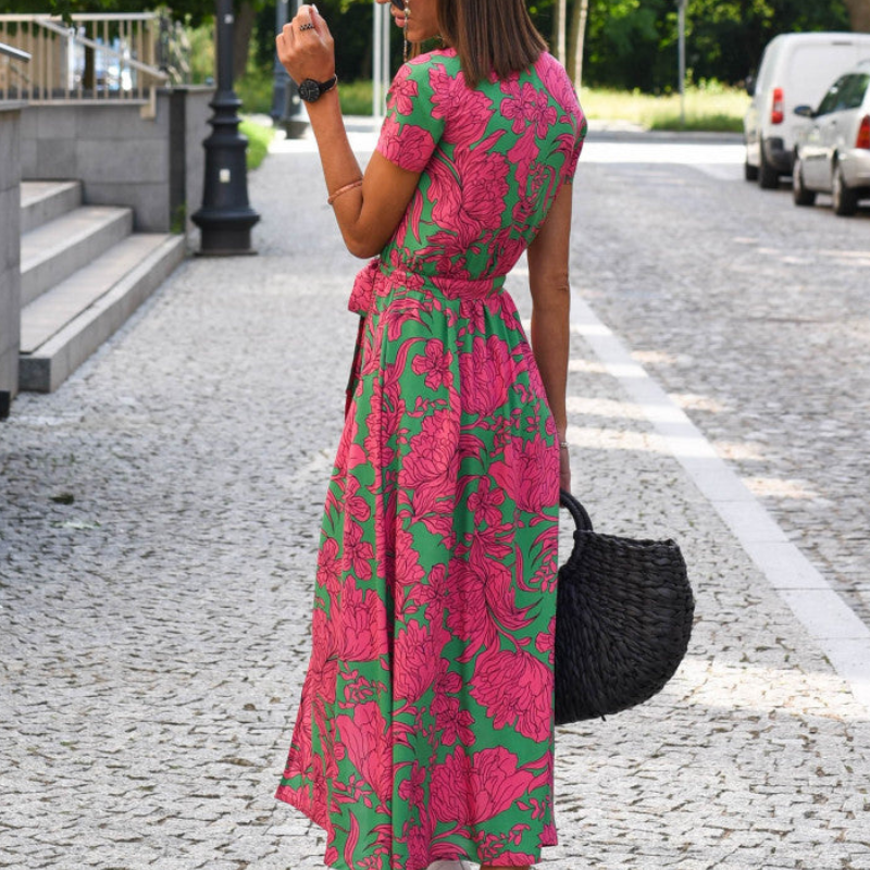 Women's V-Neck Belted Midi Dress
