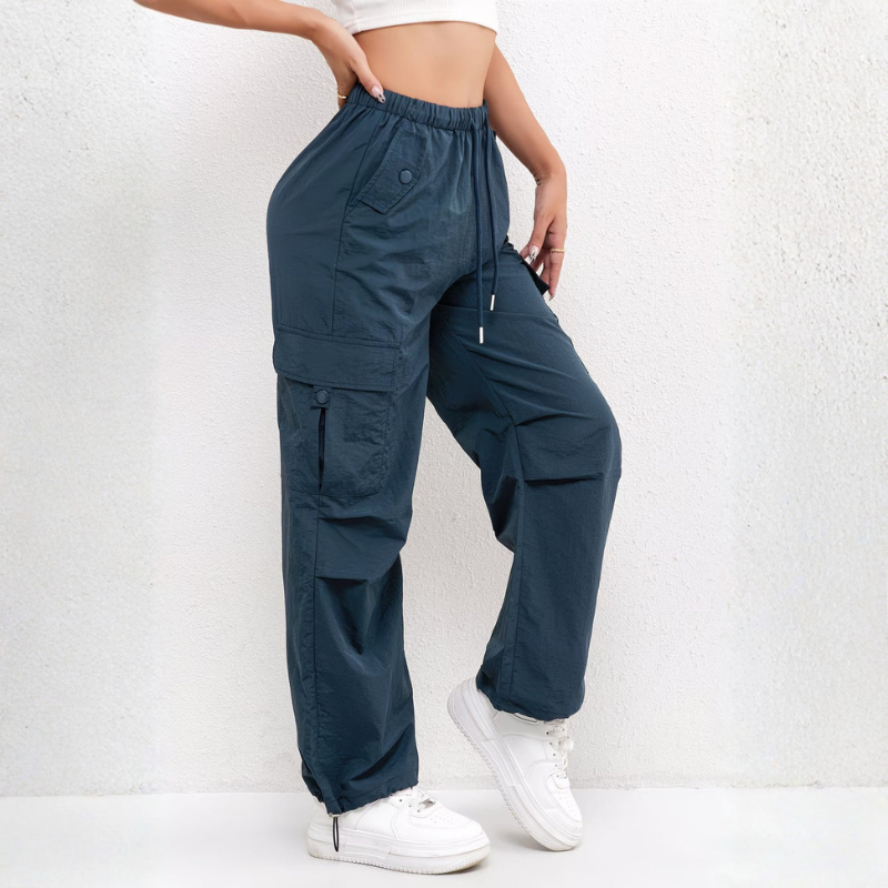 Women's Wide Leg Trousers with Drawstring Waist and Multiple Pockets