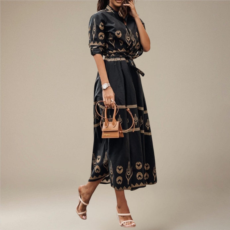 Women’s Long Sleeve Belted Printed Midi Dress