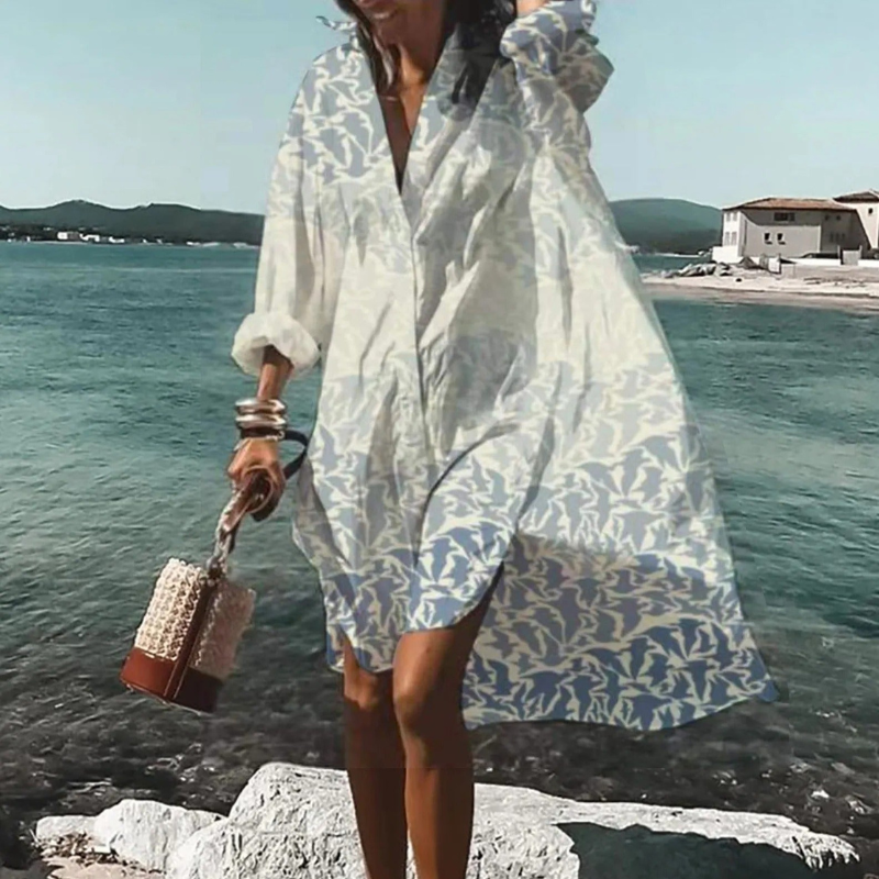 Women's Printed V Neck Long Sleeve Dress