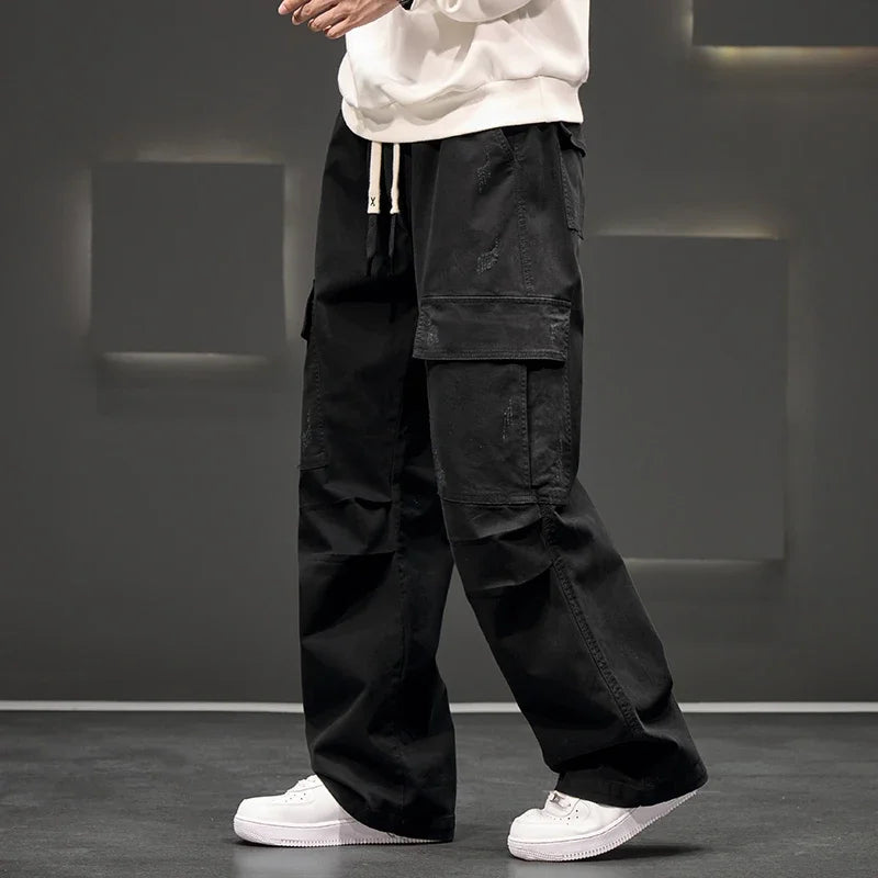 Men's Wide Leg Cargo Pants with Drawstring Waist and Pockets