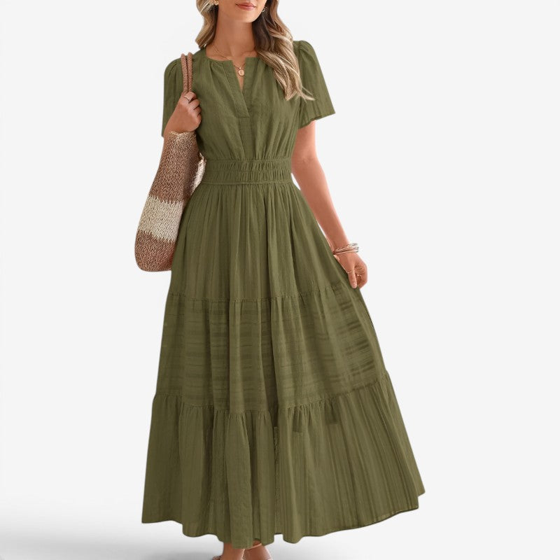 Women's Wrap Waist Midi Dress with Short Sleeves
