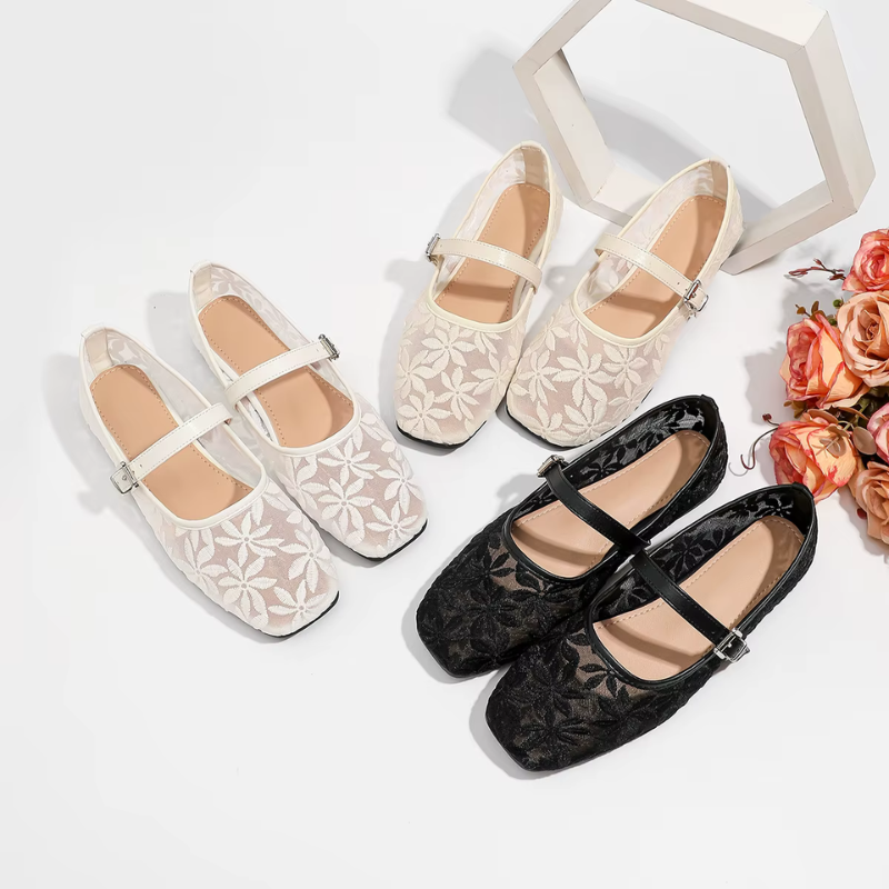 Square-Toe Ballerina Flats with Embroidered Flowers