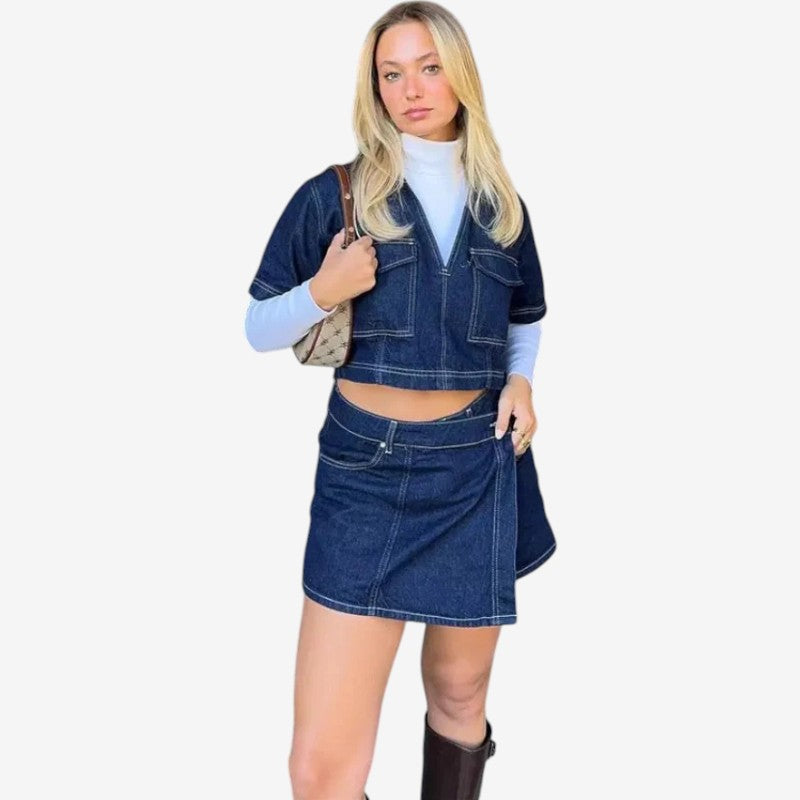 Two-Piece Denim Outfit with V-Neck Top