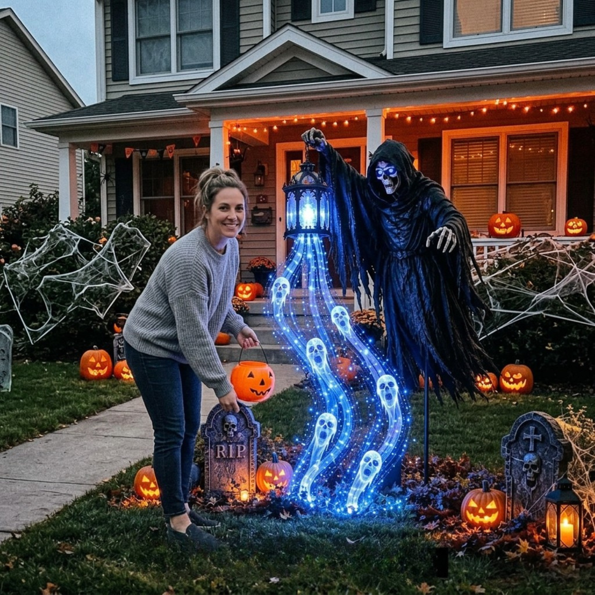 Hauntglow - Animált Halloween kerti lámpa kaszás figurával
