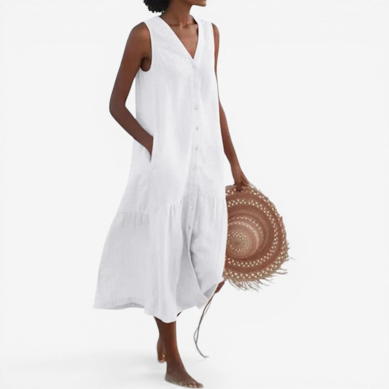 V-Neck Button Sleeveless Mini Dress