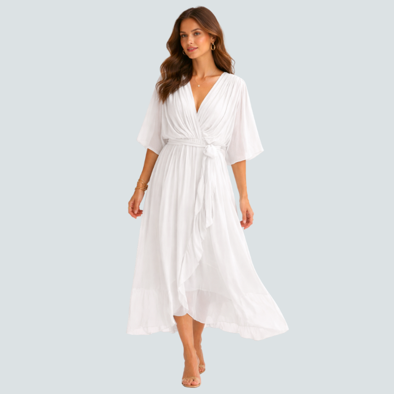 Elegant Midi Dress with V-Neck and Batwing Sleeves