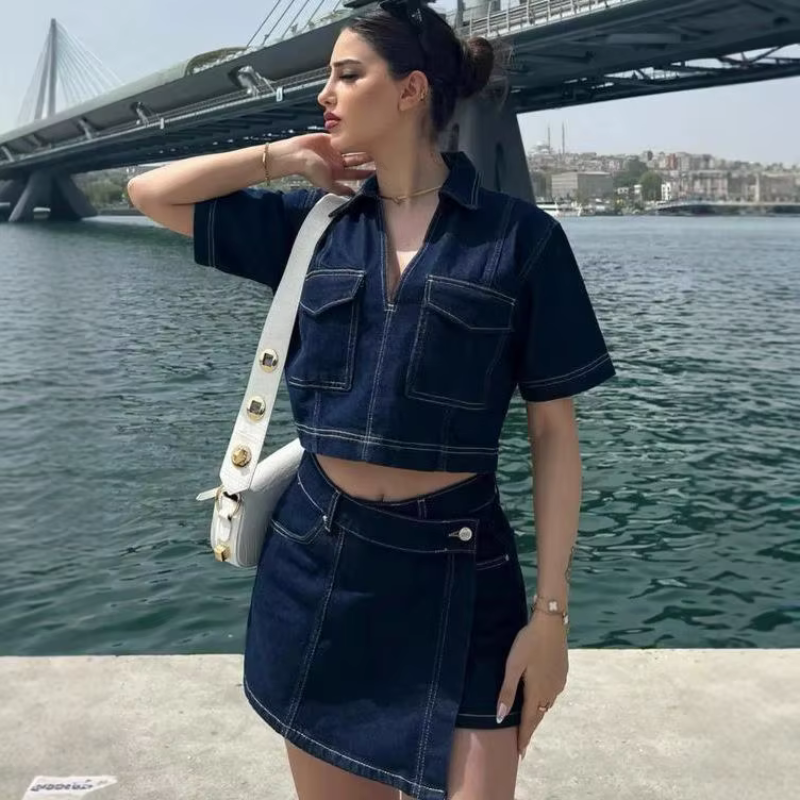 Two-Piece Denim Outfit with V-Neck Top