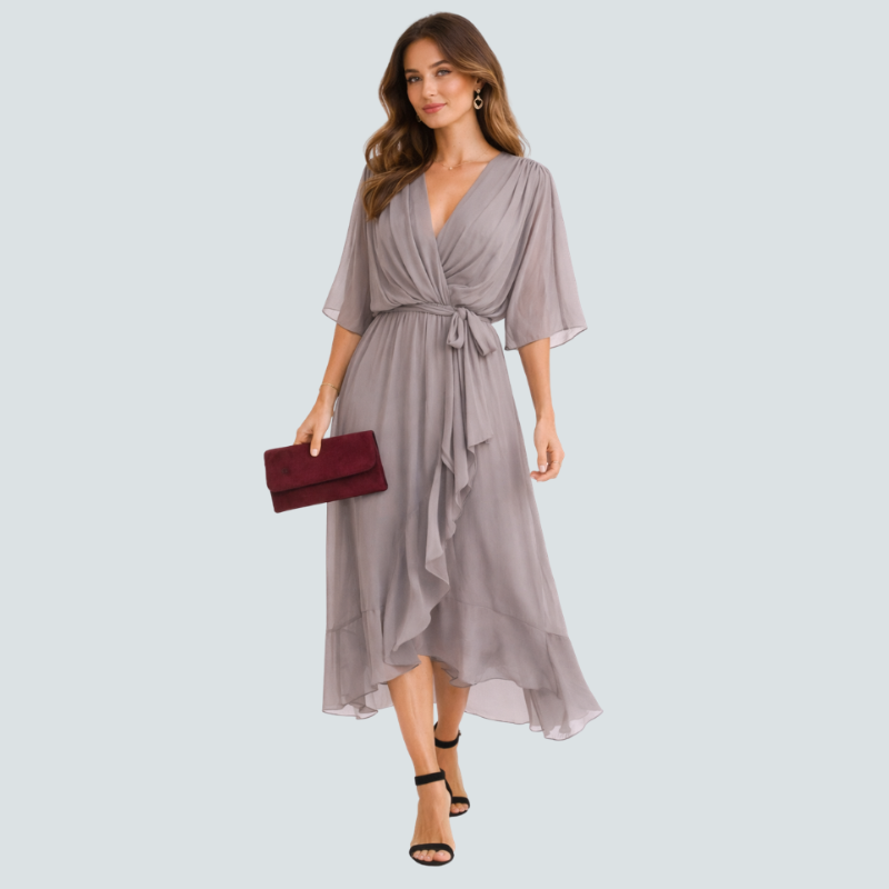 Elegant Midi Dress with V-Neck and Batwing Sleeves