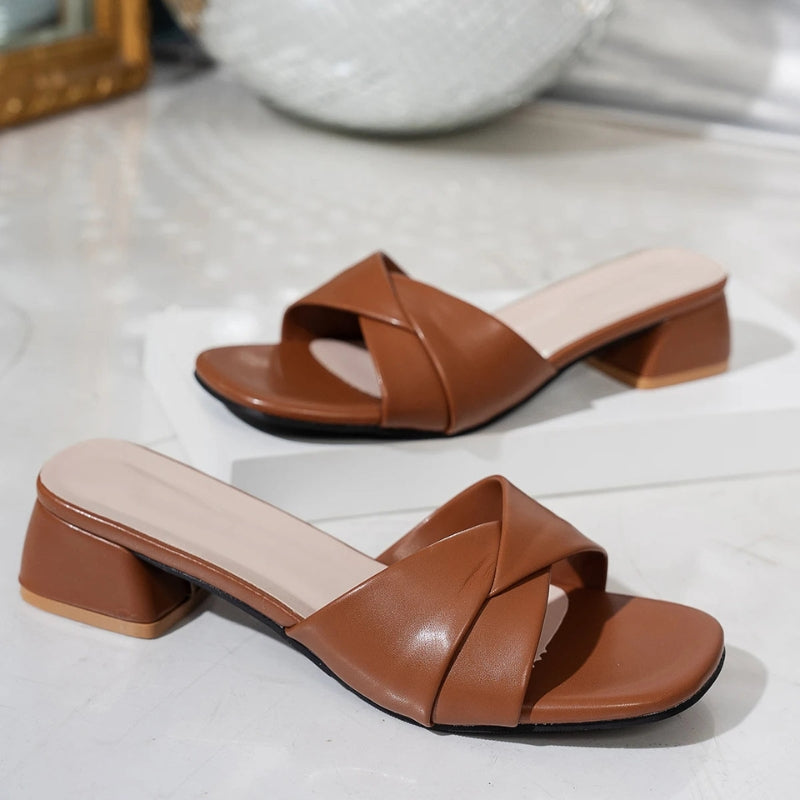 Women's Square Heel Open Toe Sandals with Smooth Finish