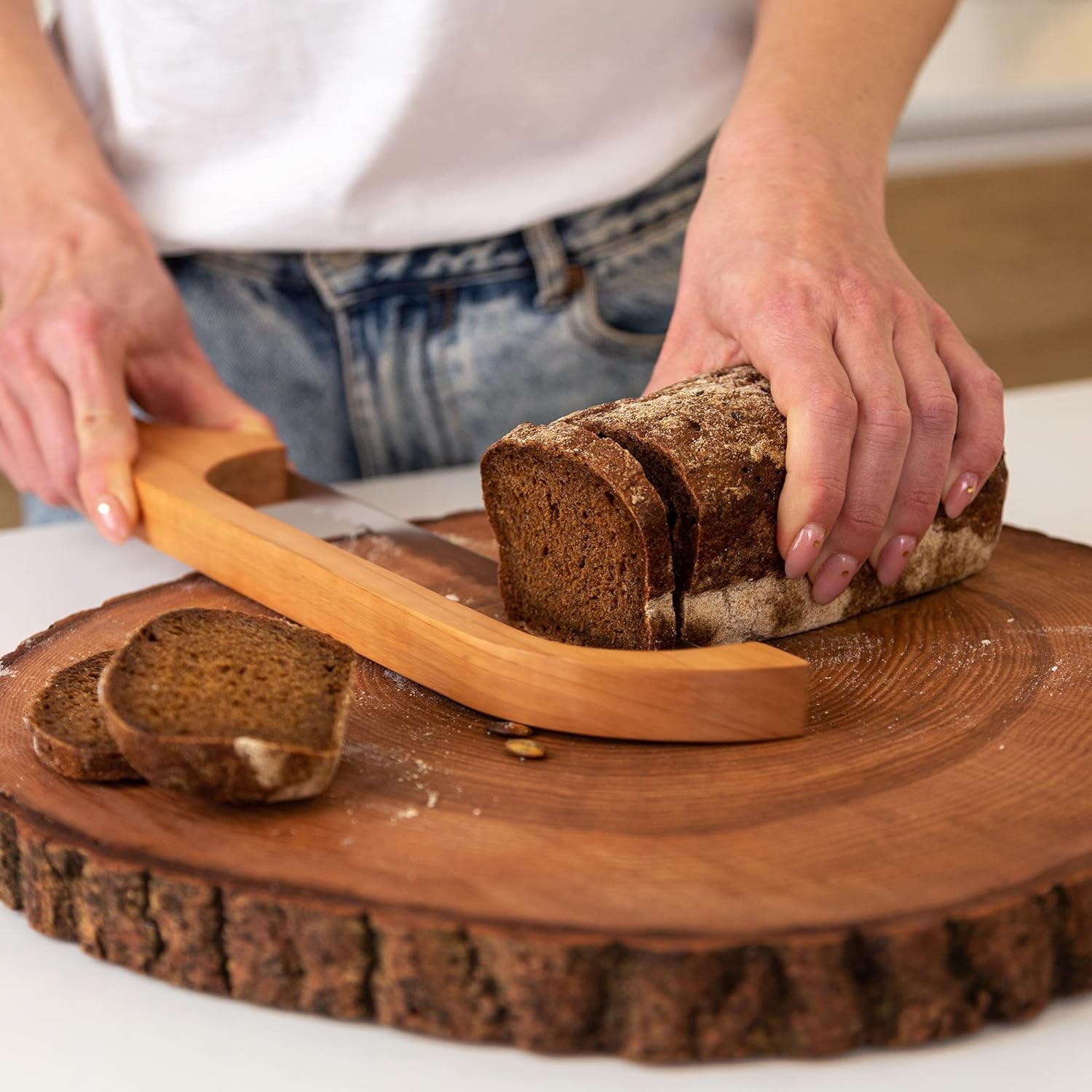 SliceEase - Ergonomic Bread Slicing Knife Curved Wooden Handle with Guided Blade System | Smooth, Even Slices for Bread, Fruits, and Cheese | Durable, Comfortable, and Multipurpose Kitchen Tool