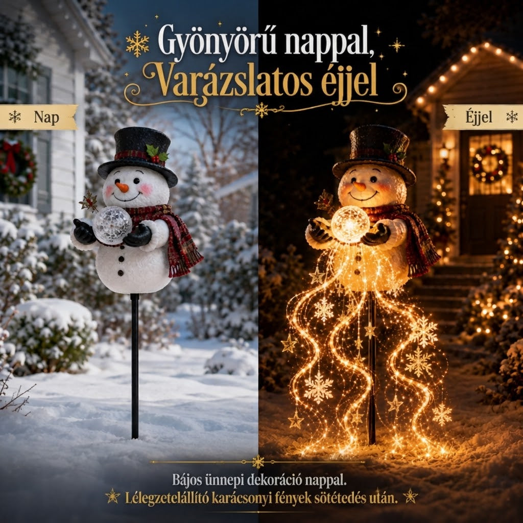 SnowfallGlow - Napelemes hóember kerti lámpa zuhatag hatással
