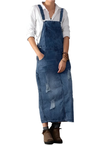 Sofia Denim | Overall dress with back slit and worn denim look