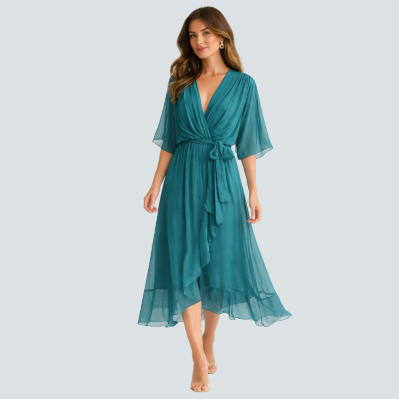Elegant Midi Dress with V-Neck and Batwing Sleeves