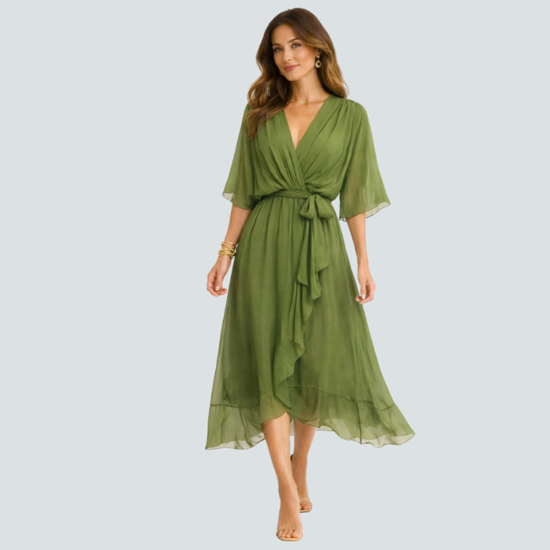 Elegant Midi Dress with V-Neck and Batwing Sleeves