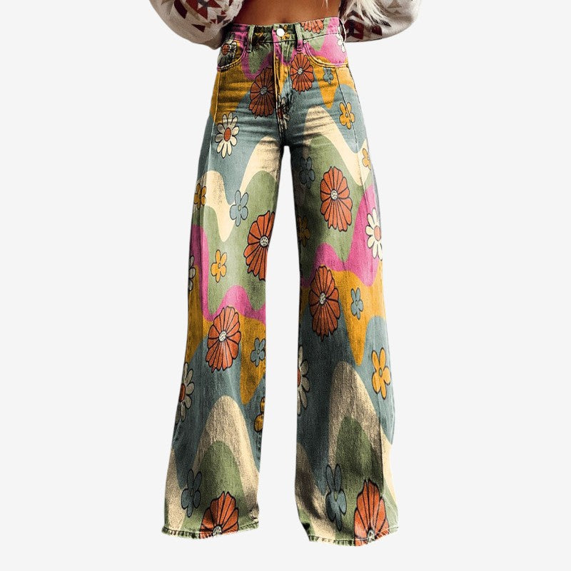 Women's Wide Leg Floral Denim Trousers