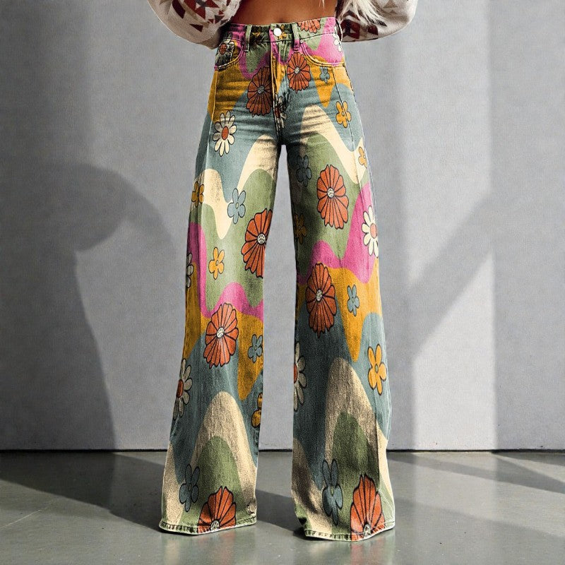 Women's Wide Leg Floral Denim Trousers