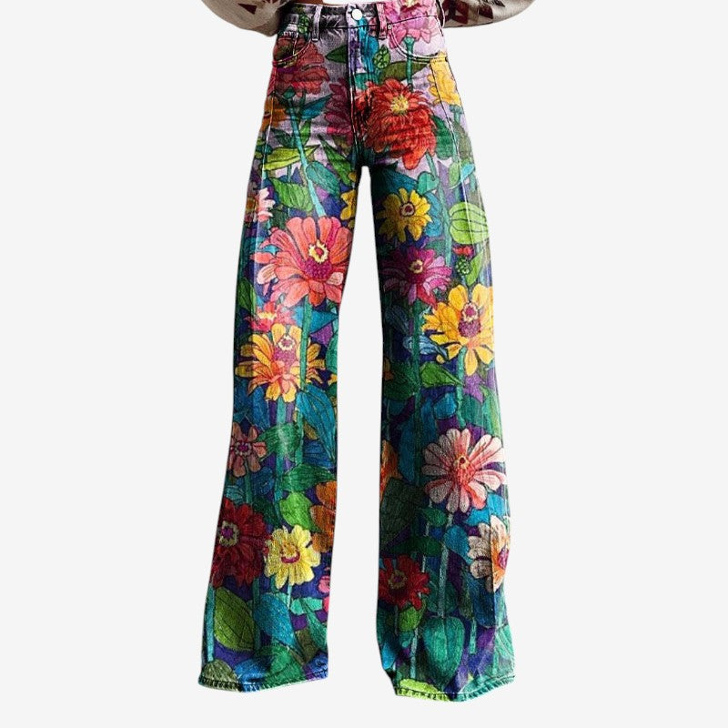 Women's Wide Leg Floral Denim Trousers