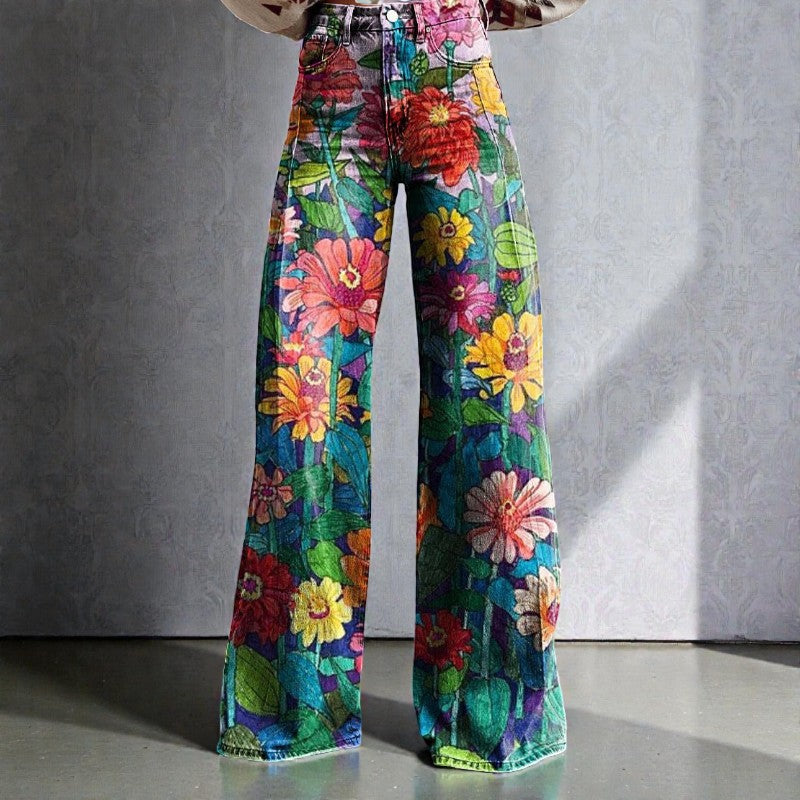 Women's Wide Leg Floral Denim Trousers