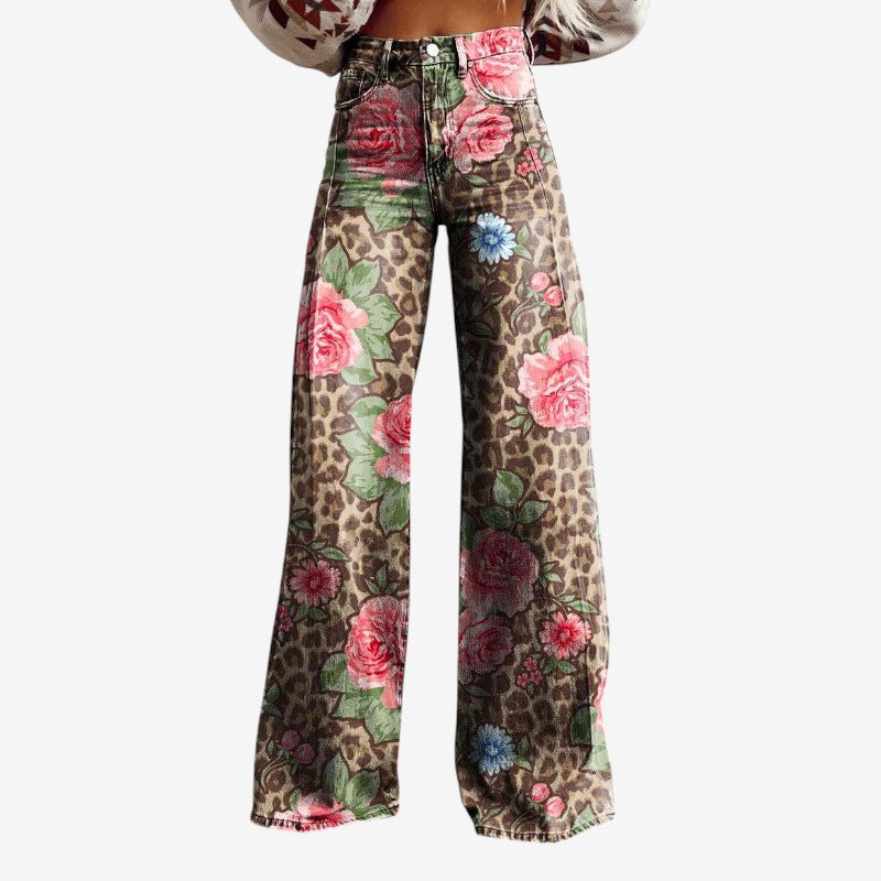 Women's Wide Leg Floral Denim Trousers