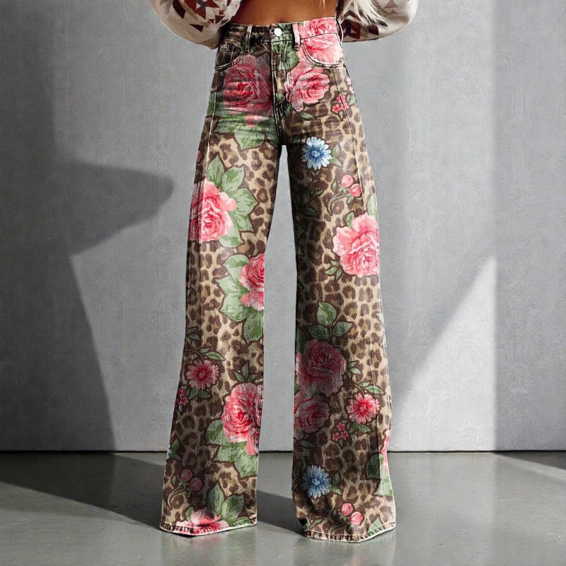 Women's Wide Leg Floral Denim Trousers