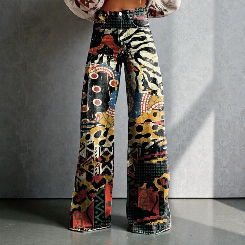 Women's Wide Leg Floral Denim Trousers