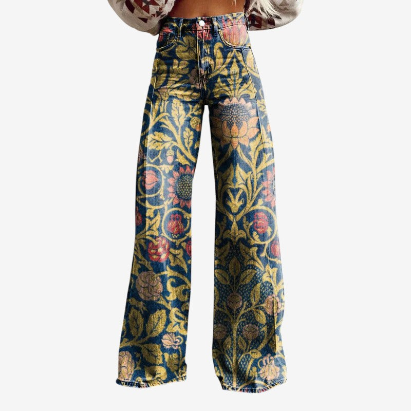 Women's Wide Leg Floral Denim Trousers