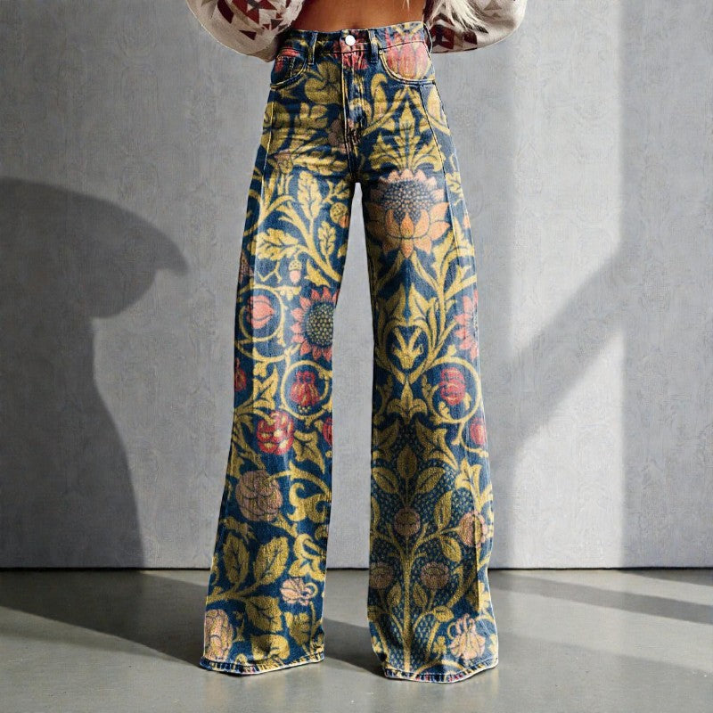 Women's Wide Leg Floral Denim Trousers