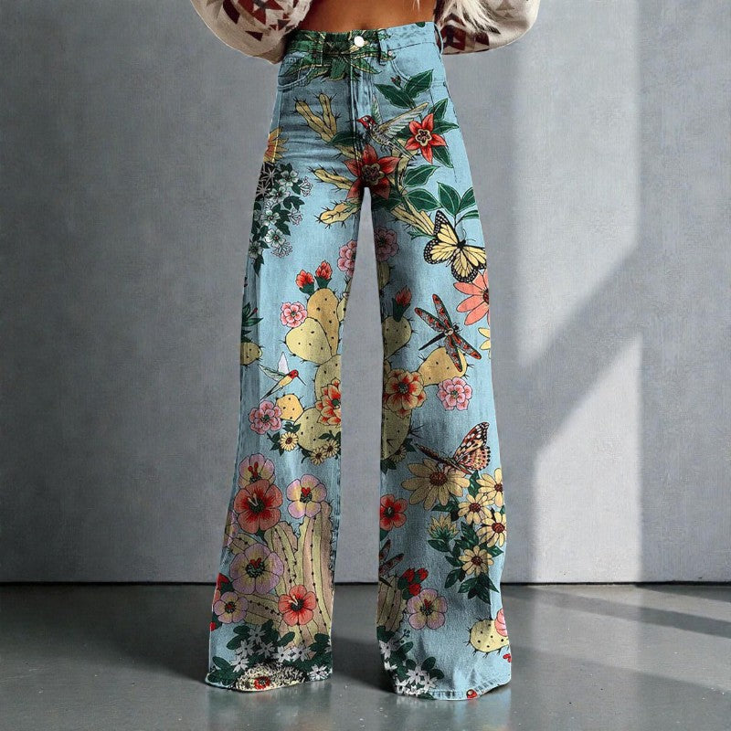 Women's Wide Leg Floral Denim Trousers