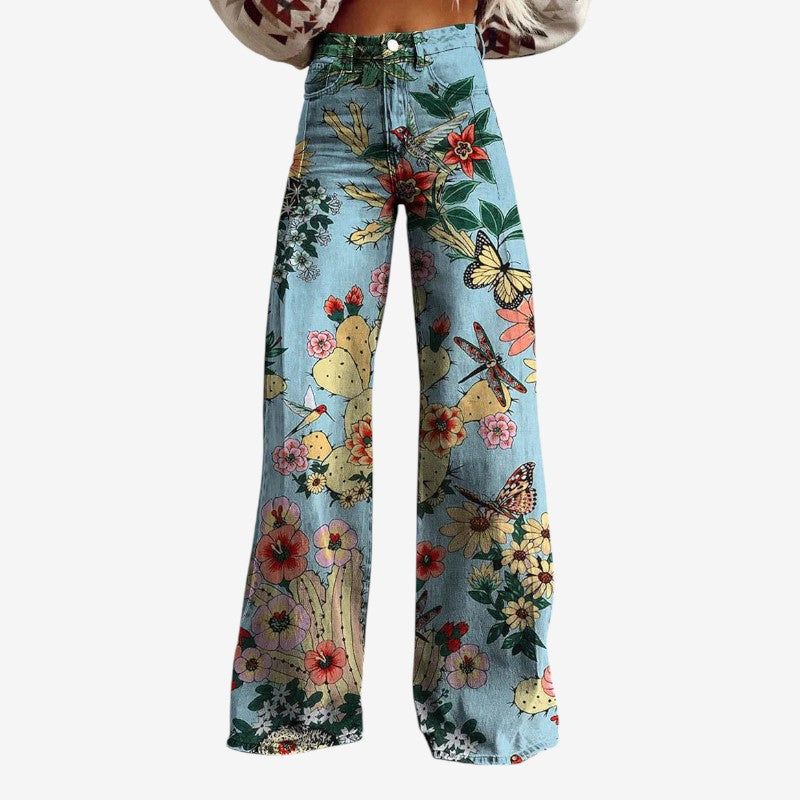 Women's Wide Leg Floral Denim Trousers